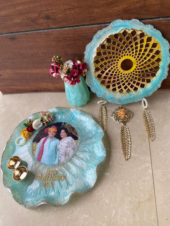 NEELA , BLUE COLOR NEW RESIN DECORATED KARWACHAUTH THALI SET -SKDRKCTS001