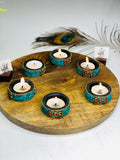 SET OF 6 , WOODEN TEA LIGHT HOLDER WITH FINE STONES-SKDWTH001