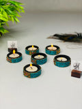 SET OF 6 , WOODEN TEA LIGHT HOLDER WITH FINE STONES-SKDWTH001