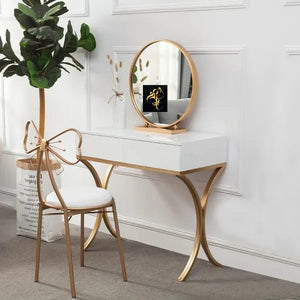 CINDRELLA, MATTE GOLD POLISH TRENDY DRESSING TABLE WITH A CHAIR AND MIRROR -ANUBDTCM001