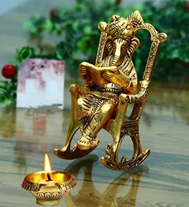 Ganesha On Swing Chair Showpiece with one Brass kuber diya-SKDGSC001