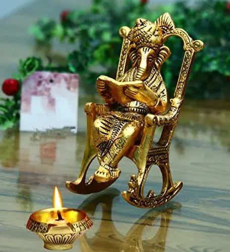 Ganesha On Swing Chair Showpiece with one Brass kuber diya-SKDGSC001