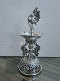 MAYURDEEP , PURE SILVER PLATED ANTIQUE GERMAN SILVER FINISH PAIR OF 2 PEACOCK LAMPS FOR DIWALI -SNPLD001