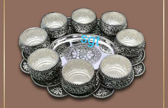 NIVEDYAM,   German Silver washable tray with Antique German Silver washable KumKum bowls-SNTKMKMB001