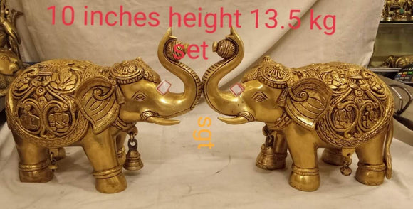 SACRED ELEPHANTS WITH KALASH , PAIR OF BRASS ELEPHANTS WITH BEAUTIFUL  ENGRAVINGS-SNBES001K