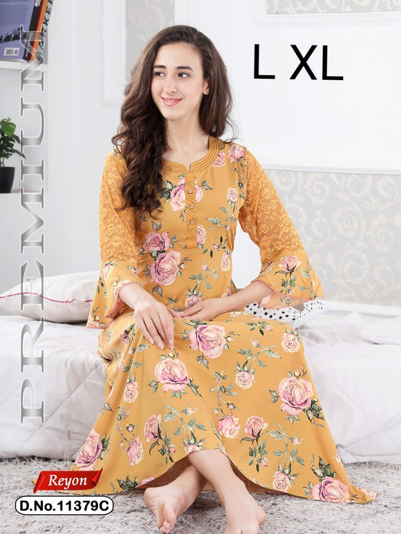 GOLDEN YELLOW COLOR  NEW DIGITAL PRINTED RAYON LONG NIGHTY FOR WOMEN -SANWALNW001GY