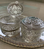 GERMAN SILVER DESIGNER OVAL TRAY WITH TWO ROUND BOXES -ANUBGSTB001