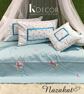 Blue  Nazakat Pure Cotton 5 Pc  Bedsheet  Pillow Cushion Set -GIRIBPCS001BL