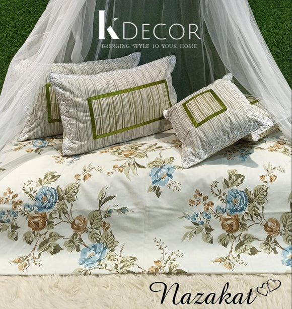 Blue Flowers Nazakat Pure Cotton 5 Pc  Bedsheet  Pillow Cushion Set -GIRIBPCS001B