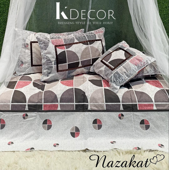 Circle Design Nazakat Pure Cotton 5 Pc  Bedsheet  Pillow Cushion Set -GIRIBPCS001C