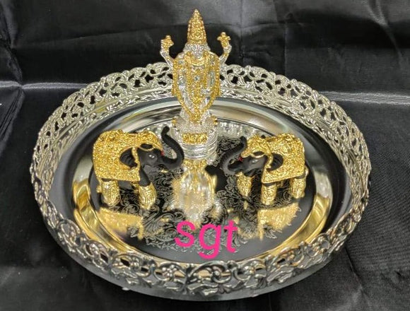 MADHU, Full set impressive  German Silver washable tray with pure silver and gold coated idols-SNFS001B