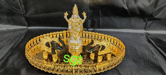 SUHASINI, Full set impressive  German Silver washable tray with pure silver and gold coated idols-SNFS001A