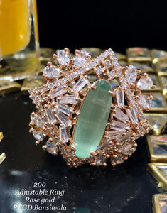AGAVE GREEN , ROSE GOLD FINISH ADJUSTABLE AMERICAN DIAMOND RING FOR WOMEN -MOEDR001AG