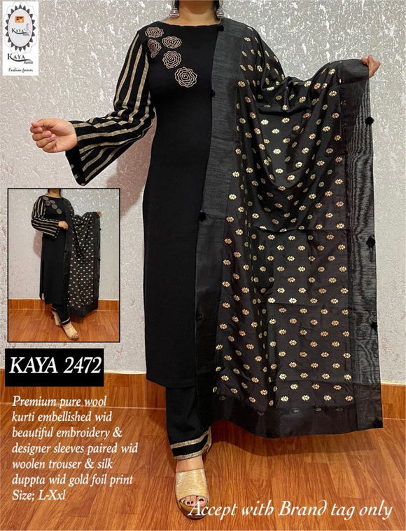 KAYA KURTIZ- WOOLLEN KURTI AND PANTS WITH SILK DUPPATTA FOR WOMEN -INDRIWK001BL
