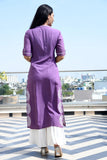 Purple rayon side slit embroidered kurta paired with white rayon low cut flared sharara (2pcs set)-DPBKPSP