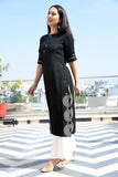 Black  rayon side slit embroidered kurta paired with white rayon low cut flared sharara (2pcs set)-DPBKPS