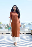 Brown rayon side slit embroidered kurta paired with white rayon low cut flared sharara (2pcs set)-DPBKPSB