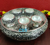 ANJANA, ANTIQUE FINISH GERMAN SILVER  DESIGNER PLATE WITH PASUPU KUMKUM BOWLS AND DIYAS-CZY001DPS