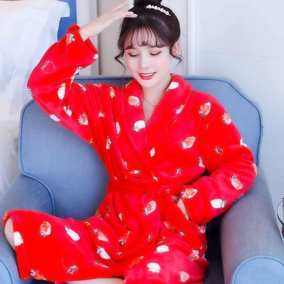 RED WINTER COLLECTION WARM FLEECE NIGHT ROBE -ANKIBR001RD