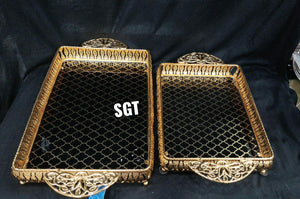 DIPALI , SET OF 2  GOLD FINISH FEATHER DESIGNER  WEDDING TRAYS -SNWT001G