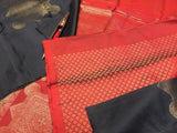 MAYURI , SOFT SILK BLACK KANJIVARAM HANDLOOM SILK SAREE WITH RED TRADITIONAL BORDERS AND BLOUSE-CFR001