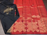 MAYURI , SOFT SILK BLACK KANJIVARAM HANDLOOM SILK SAREE WITH RED TRADITIONAL BORDERS AND BLOUSE-CFR001