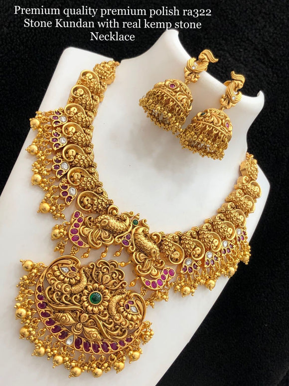 HIRANMAYI, PREMIUM MATTE GOLD FINISH KEMP LAKSHMI NECLACE SET FOR WOMEN -ARTKNS001H