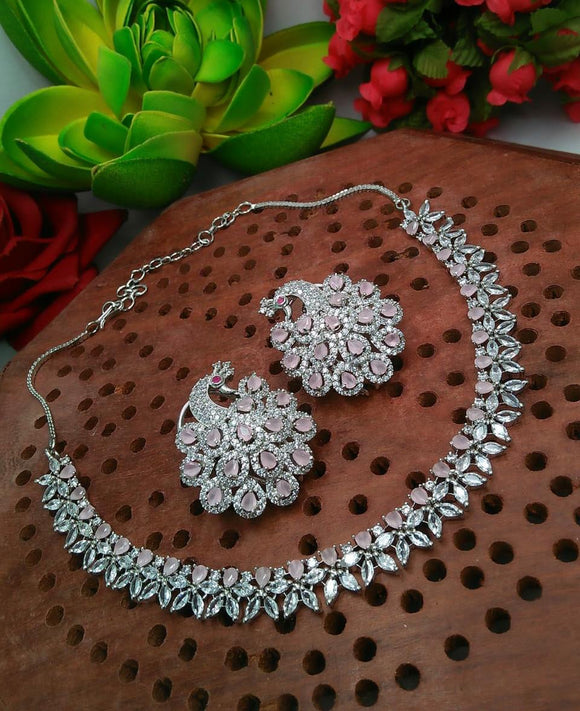 AASTA, PLATINUM  FINISH PASTEL PINK  STONE NECKLACE SET FOR WOMEN-PALWGNS001A