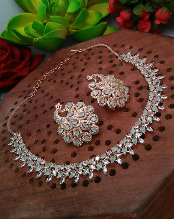 KARISHMA , ROSE GOLD FINISH PASTEL GREEN STONES NECKLACE SET FOR WOMEN -PALRNS001K