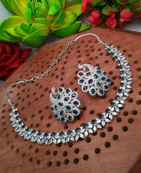 RUBIYA, PLATINUM  FINISH DEEP BLUE STONE NECKLACE SET FOR WOMEN-PALWGNS001R