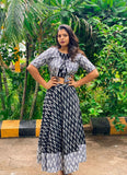 BLACK AND GREY IKKATH COTTON CROP TOP WITH OVER COAT  AND SKIRT FOR WOMEN -SREEISTW001