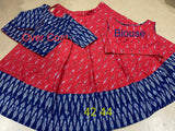 PINK AND BLUE  IKKATH COTTON CROP TOP WITH OVER COAT  AND SKIRT FOR WOMEN -SREEISTW001PB