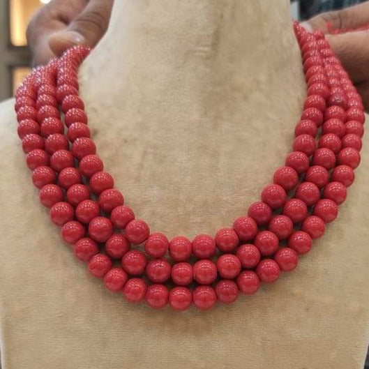 WAHADA, ELEGANTLY  CARVED THREE ROW CORAL NECKLACE FOR WOMEN -MOECNS001W