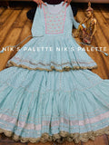 PASTEL BLUE PREMIUM COTTON CHIKAKARI SHARARA KURTI AND DUPPATTA-FOFKSD001PB
