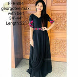 BLACK GEORGETTE EMBROIDERY DRESS WITH UNIQUE WAIST BELT-FOFBGD001
