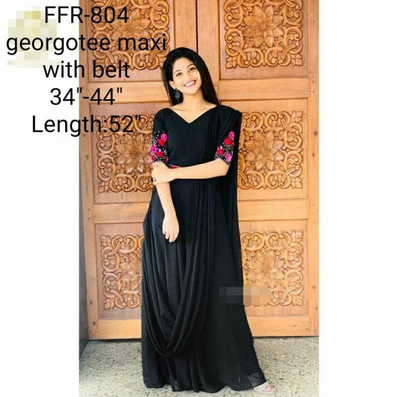 BLACK GEORGETTE EMBROIDERY DRESS WITH UNIQUE WAIST BELT-FOFBGD001