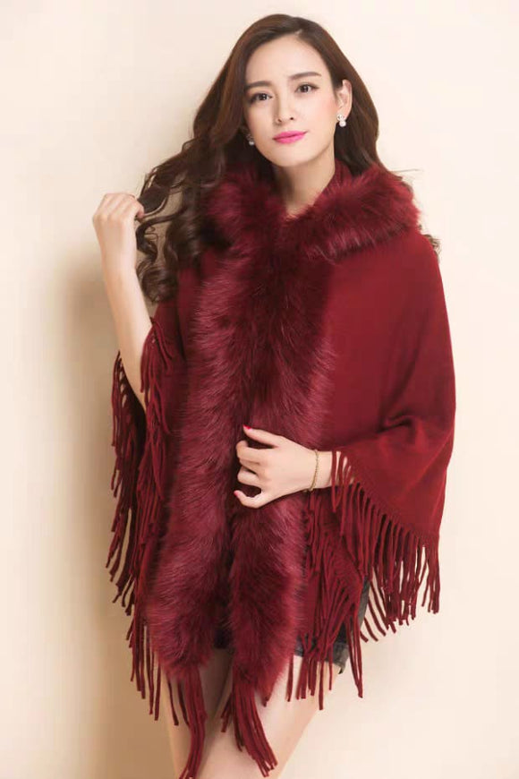 Fur Collar Winter Shawls And Wraps Bohemian Fringe Oversized Women's Winter Ponchos And Capes Batwing Sleeve Cardigan-WEST001M