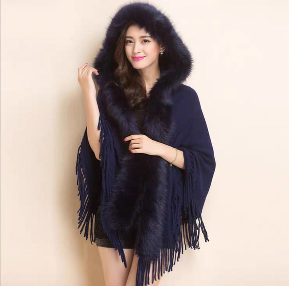 Navy Fur Collar Winter Shawls And Wraps Bohemian Fringe Oversized Women's Winter Ponchos And Capes Batwing Sleeve Cardigan-WEST001N