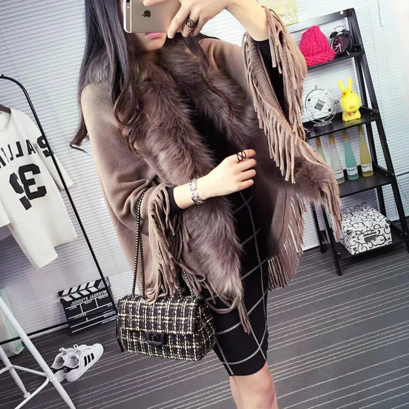 Brown Fur Collar Winter Shawls And Wraps Bohemian Fringe Oversized Women's Winter Ponchos And Capes Batwing Sleeve Cardigan-WEST001B