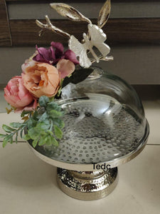 SILVER HAMMERED FINISH CAKE STAND /CLOCHE WITH BEAUTIFUL BUTTERFLY ON TOP-MOEC001
