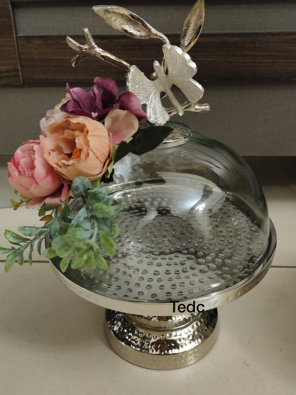 SILVER HAMMERED FINISH CAKE STAND /CLOCHE WITH BEAUTIFUL BUTTERFLY ON TOP-MOEC001