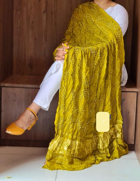 MUSTARD GREEN COLOR BARIK  BANDEJ DESIGNER MODAL DUPPATTA FOR WOMEN -KRISHDW001MG