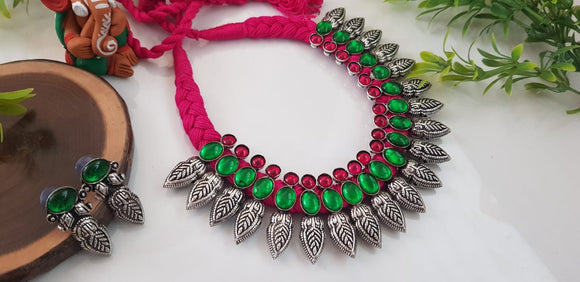 PINK AND GREEN ,  KOLHAPURI GERMAN SILVER DESIGNER NECKLACE WITH PINK AND GREEN STONES AND PINK THREAD -LORD001PGP