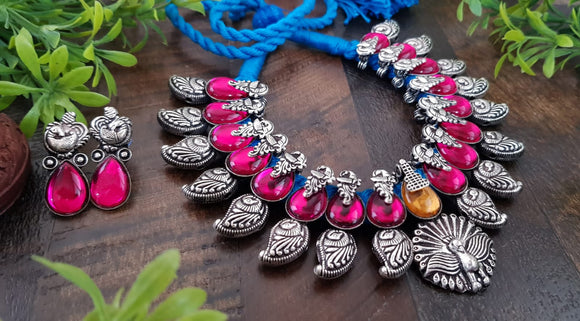PINK AND BLUE ,  KOLHAPURI GERMAN SILVER DESIGNER NECKLACE WITH PINK STONES AND BLUE THREAD -LORD001PK