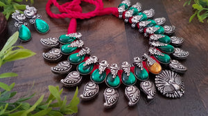 GREEN LOVE,  KOLHAPURI GERMAN SILVER DESIGNER NECKLACE WITH BLACK  STONES AND PINK THREAD -LORD001GP