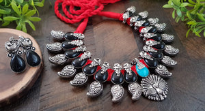 BLACK LOVE,  KOLHAPURI GERMAN SILVER DESIGNER NECKLACE WITH BLACK  STONES AND RED THREAD -LORD001BR