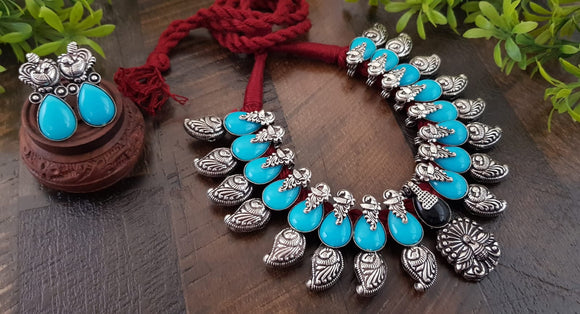 TURQUOISE LOVE,  KOLHAPURI GERMAN SILVER DESIGNER NECKLACE WITH TURQUOISE BLUE STONES AND MAROON THREAD -LORD001TM