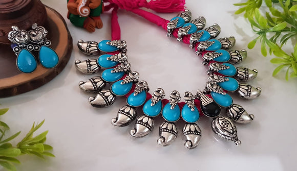 KOLHAPURI GERMAN SILVER DESIGNER NECKLACE WITH TURQUOISE BLUE  STONES AND PINK THREAD -LORD001TP