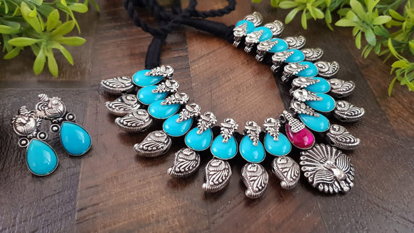 TURQUOISE BEAUTY, KOLHAPURI GERMAN SILVER DESIGNER NECKLACE WITH TURQUOISE BLUE  STONES -LORD001T