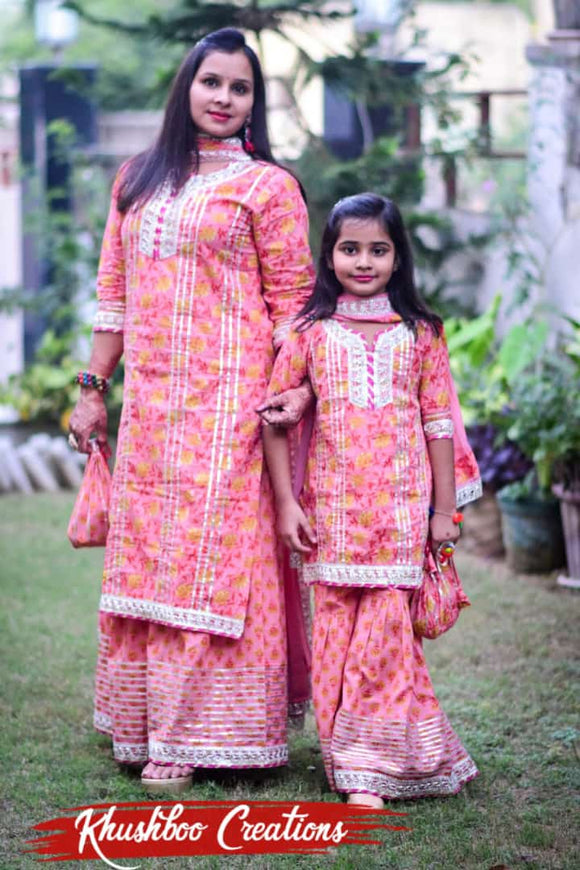 MOTHER DAUGHTER COMBO , New kurta sharara and dupatta set which gives out a happy festive vibe-FOFMDC001